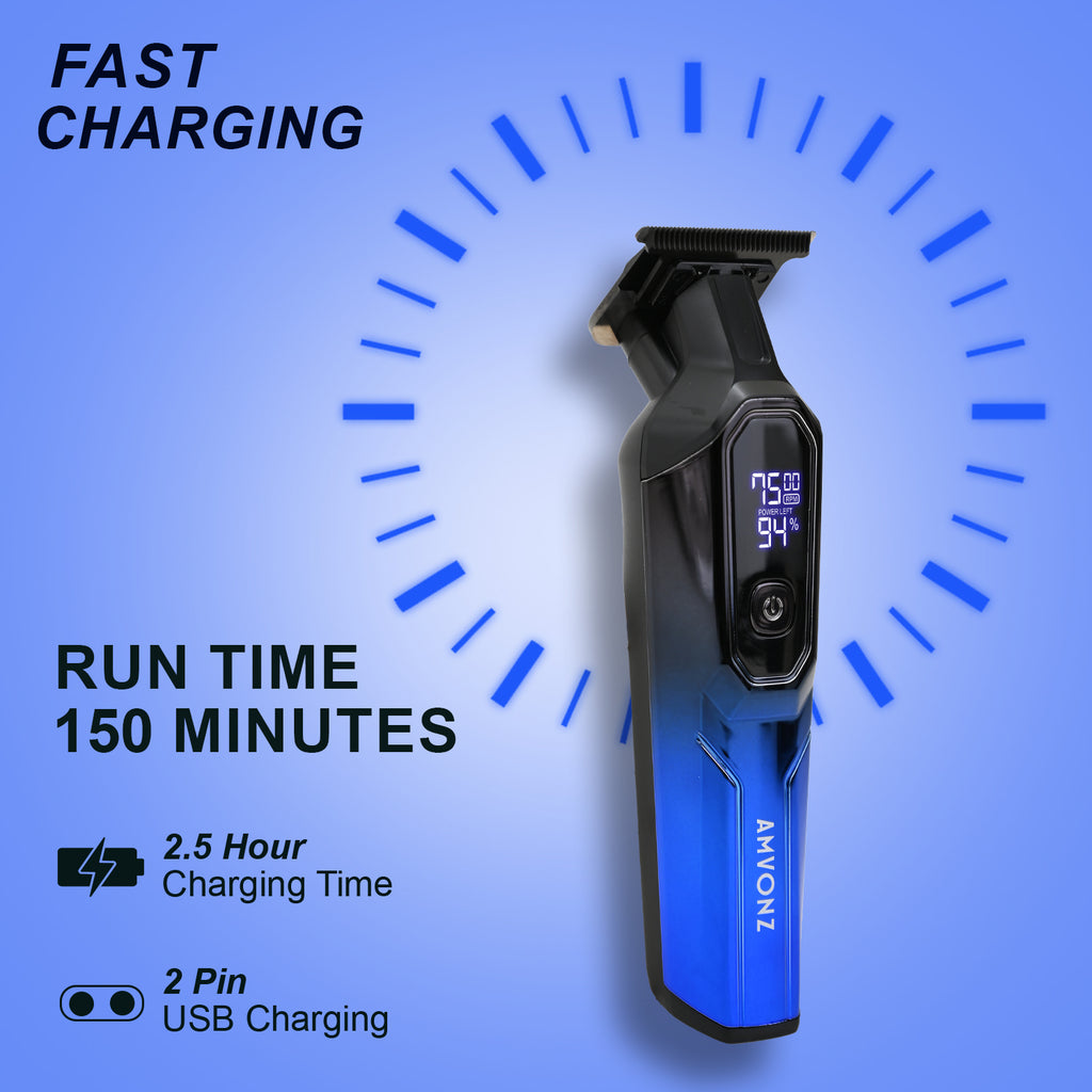 AMVONZ A-101 Professional Hair Trimmer, LED Display, 150 Minutes Runtime, USB Charging, 4 Guide Combs, (Blue)