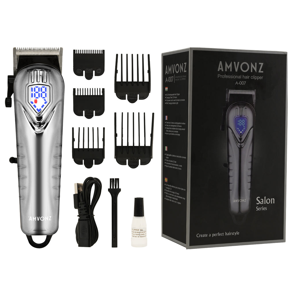 AMVONZ A-007 Professional Hair Clipper with LED Display, Cordless, Silver , 200 Minutes Runtime, 2000mAh Lithium Battery, USB Charging, Taper Lever 0.8-2.0mm, 5 Guide Combs, Salon Series