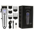 AMVONZ A-007 Professional Hair Clipper with LED Display, Cordless, Silver , 200 Minutes Runtime, 2000mAh Lithium Battery, USB Charging, Taper Lever 0.8-2.0mm, 5 Guide Combs, Salon Series