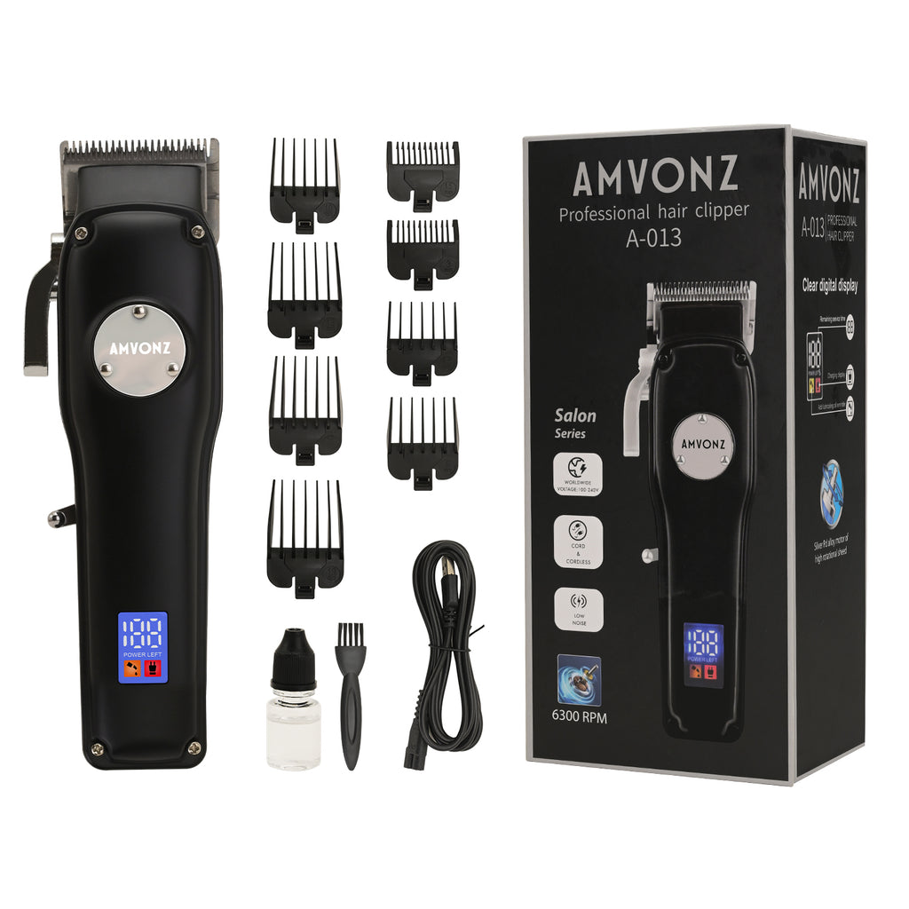 AMVONZ A-013 Professional Hair Clipper with LED Display, Cordless, Black, 200 Minutes Runtime, 2000mAh Lithium Battery, USB Charging, Taper Lever 0.8-2.0mm, 5 Guide Combs, Salon Series