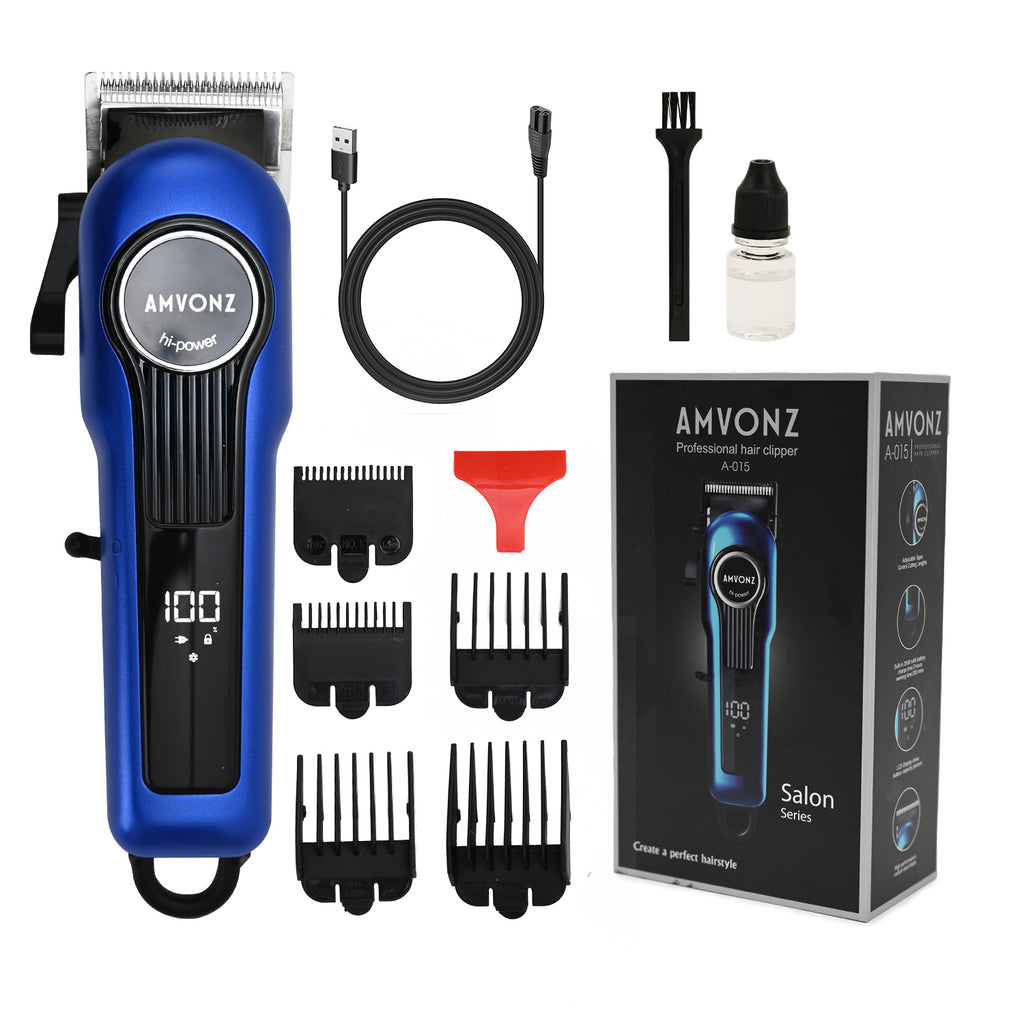 AMVONZ A-015 Professional Hair Clipper, Cordless, Blue, 200 Minutes Runtime, 2000mAh Lithium Battery, USB Charging, Taper Lever 0.8-2.0mm, 5 Guide Combs, Salon Series
