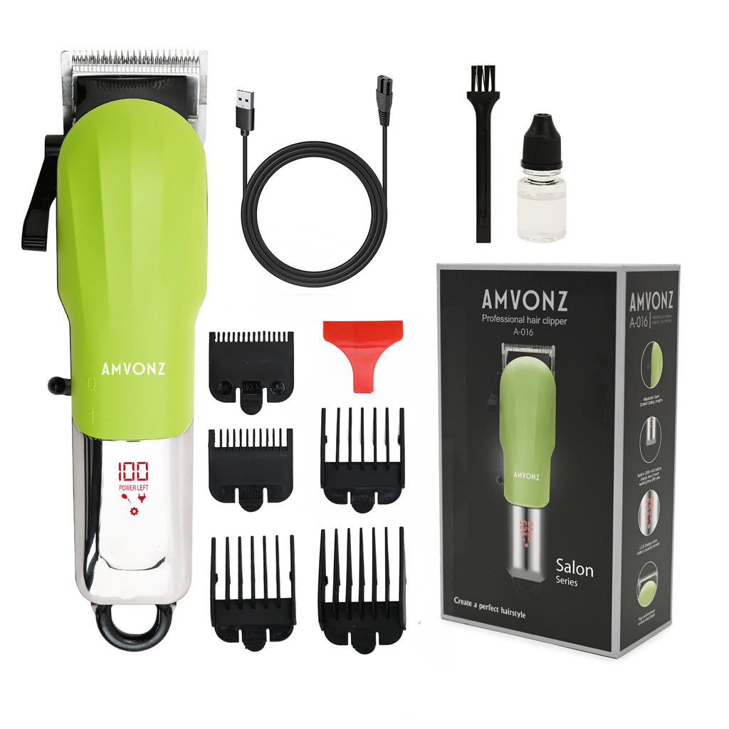 AMVONZ A-016 Professional Hair Clipper, Cordless, 200 Minutes Runtime, 2000mAh Battery, USB Charging, Taper Lever 0.8-2.0mm, 5 Guide Combs