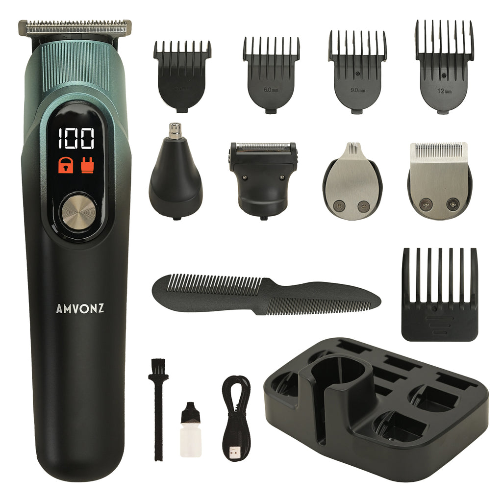 AMVONZ 5 in 1 Professional Hair Trimmer, Multifunctional Grooming Kit with Digital Display, 10000RPM Motor, 150 Minutes Runtime, 600mAh Li-ion Battery, Type-C Charging