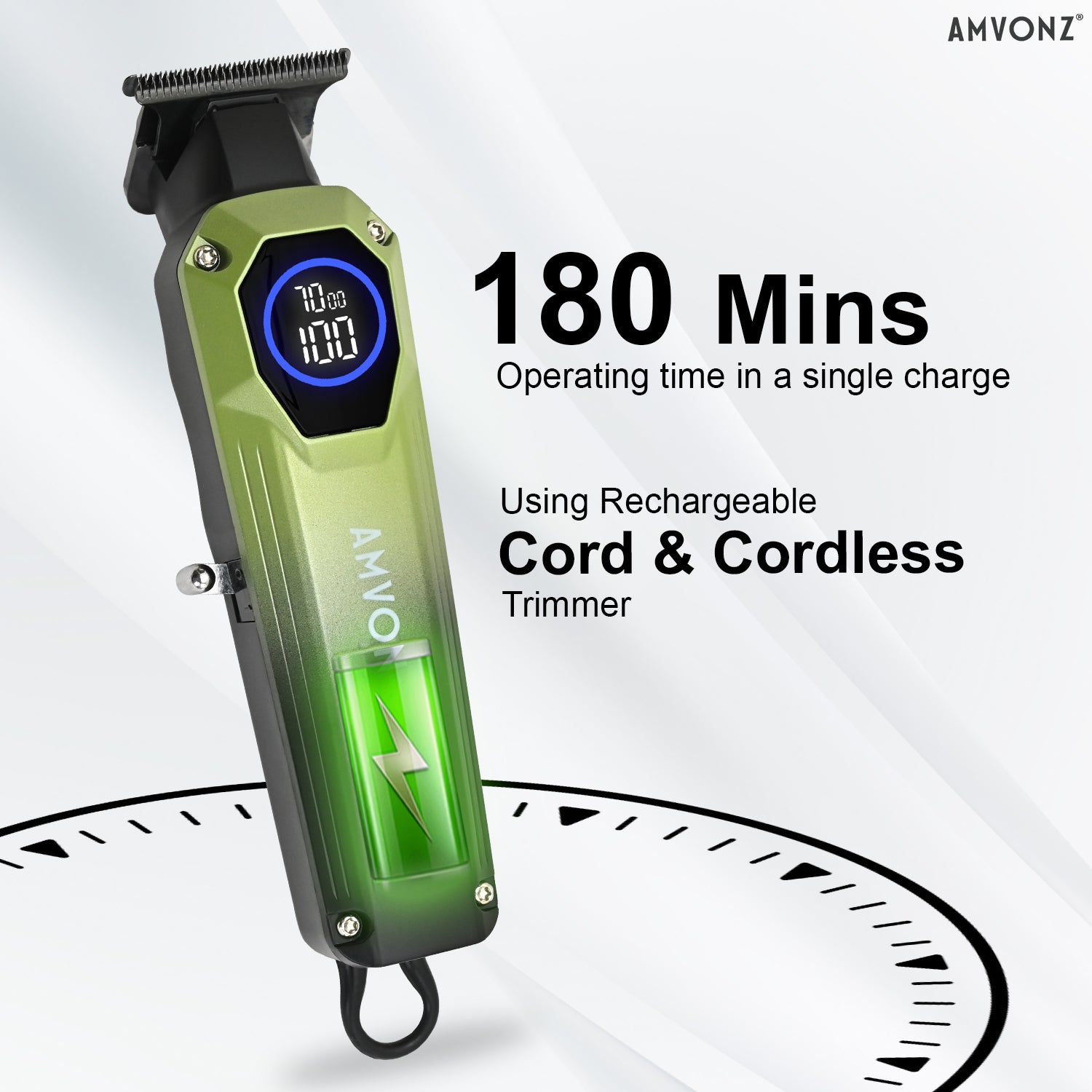 AMVONZ A-105 Professional Hair Trimmer, 7000 RPM Motor, 180 Minutes Runtime, LCD Display, Type-C Rechargeable, Cord & Cordless, 3 Guide Combs (Green)