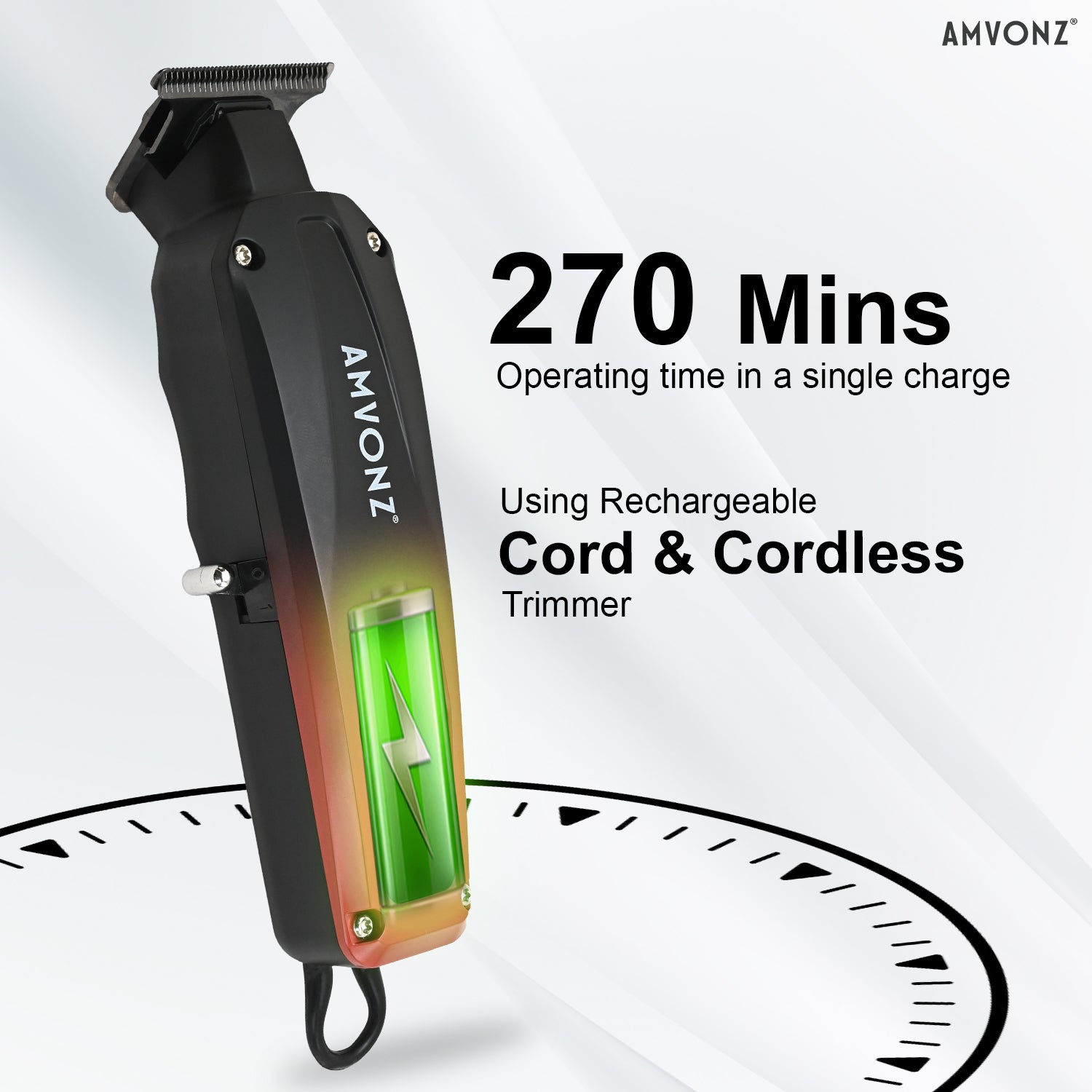 AMVONZ A-106 Professional Hair Trimmer, 7000 RPM Motor, 270 Minutes Runtime, LCD Smart Display, 2000mAh Lithium Battery, Type-C Fast Charging, Cord & Cordless, 3 Guide Combs (Red & Black)