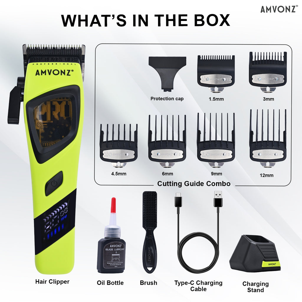 AMVONZ A-17 Pro Max Professional Hair Clipper, 9000 RPM Motor, 2500mAh Lithium Battery, 2.5 Hours Runtime, Type-C Fast Charging, LED Display, Charging Stand, Adjustable Taper Lever, 6 Guide Combs
