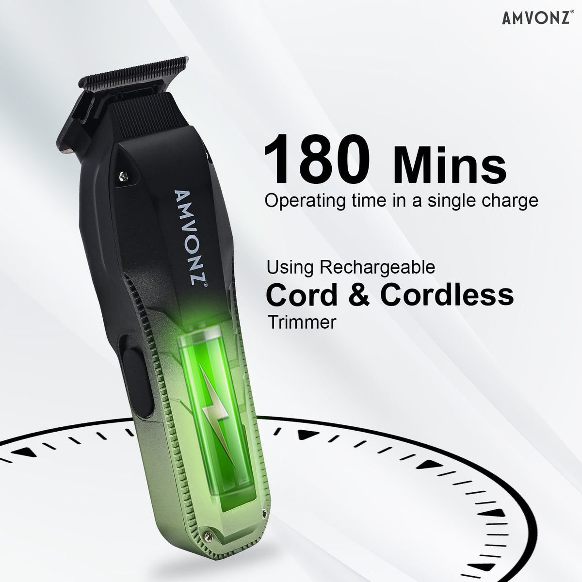 AMVONZ A-107 Professional Hair Trimmer, 7000 RPM Motor, 180 Minutes Runtime, 1200mAh Lithium Battery, LCD Display, Type-C Fast Charging, Cord & Cordless, 3 Guide Combs (Green)