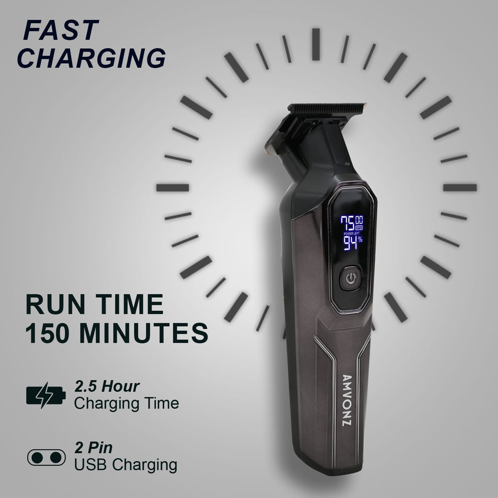 AMVONZ A-101 Professional Hair Trimmer, Digital Display, 150 Minutes Runtime, USB Charging, 4 Guide Combs, Salon Series (BLACK)