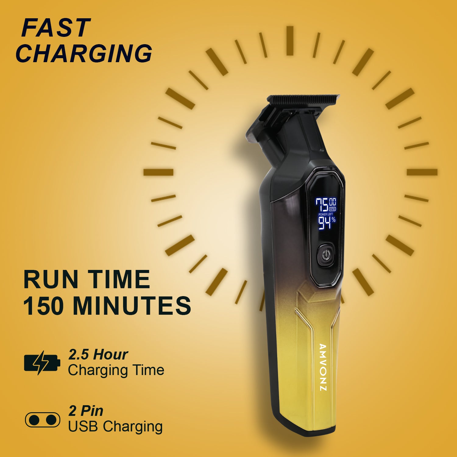 AMVONZ A-101 Professional Hair Trimmer, Digital Display, 150 Minutes Runtime, USB Rechargeable, 4 Guide Combs,(GOLD)