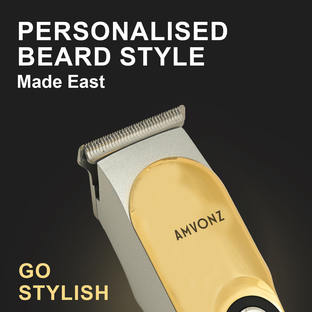 AMVONZ Professional Hair Trimmer A-104, Gold, Stainless Steel Blades, 60 Minutes Runtime, LCD Display with Turbo Mode, Type-C USB Charging, 600mAh Lithium Battery, with 4 Guide Combs