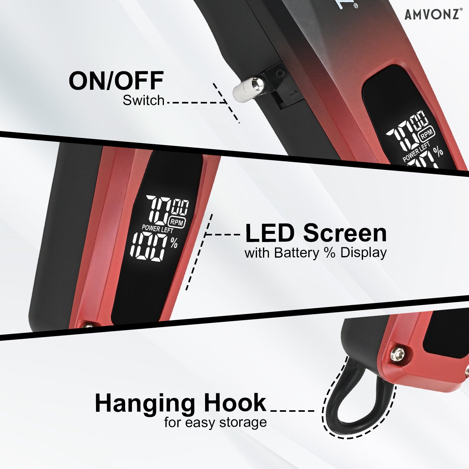AMVONZ A-106 Professional Hair Trimmer, 7000 RPM Motor, 270 Minutes Runtime, LCD Smart Display, 2000mAh Lithium Battery, Type-C Fast Charging, Cord & Cordless, 3 Guide Combs (Red & Black)