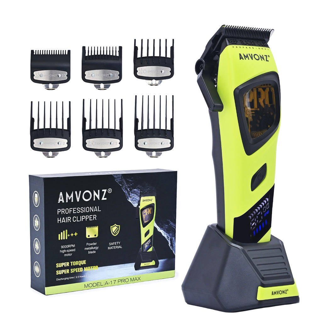 AMVONZ A-17 Pro Max Professional Hair Clipper, 9000 RPM Motor, 2500mAh Lithium Battery, 2.5 Hours Runtime, Type-C Fast Charging, LED Display, Charging Stand, Adjustable Taper Lever, 6 Guide Combs