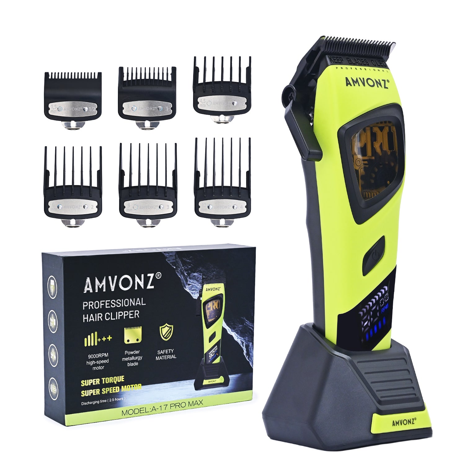 AMVONZ A-17 Pro Max Professional Hair Clipper, 9000 RPM Motor, 2500mAh Lithium Battery, 2.5 Hours Runtime, Type-C Fast Charging, LED Display, Charging Stand, Adjustable Taper Lever, 6 Guide Combs