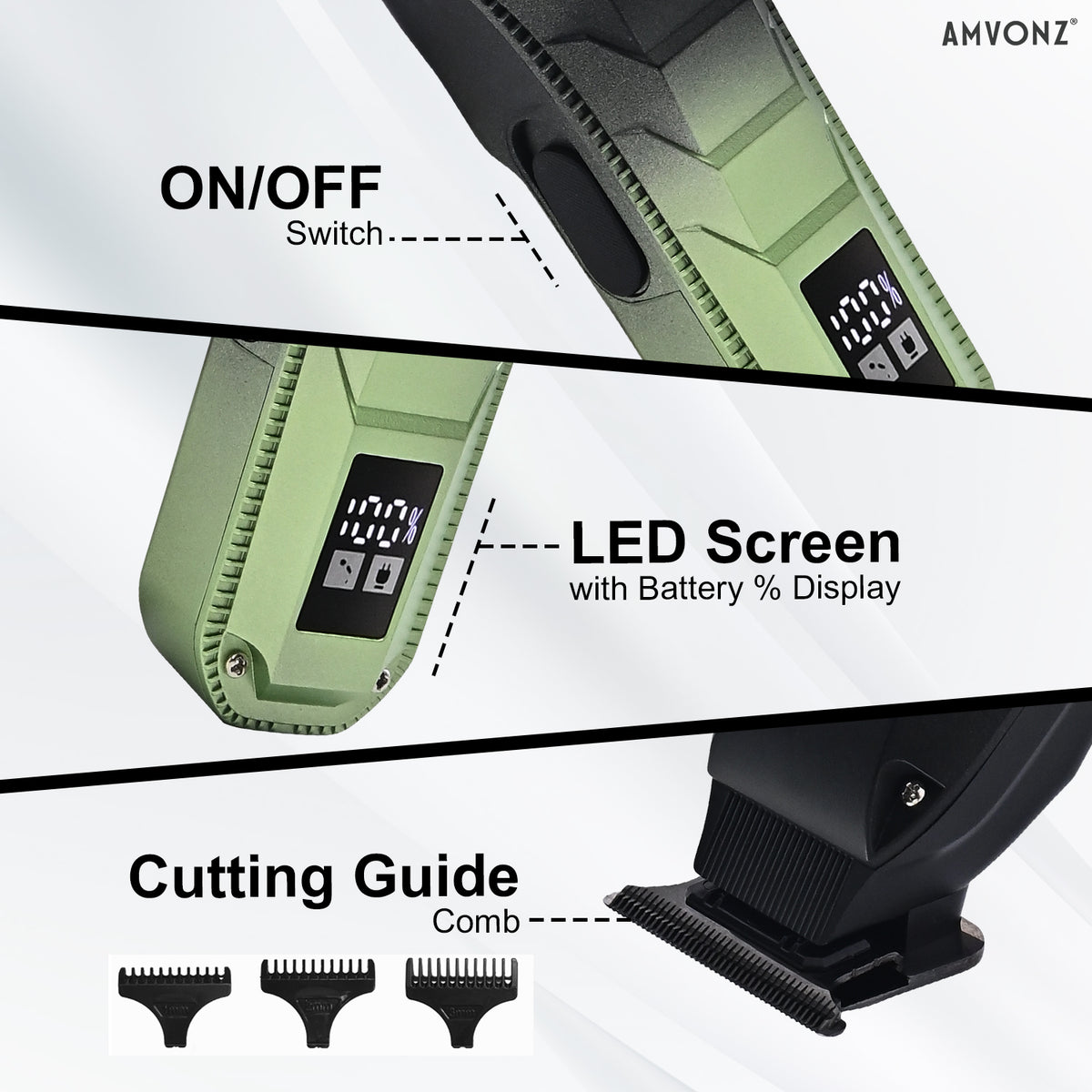 AMVONZ A-107 Professional Hair Trimmer, 7000 RPM Motor, 180 Minutes Runtime, 1200mAh Lithium Battery, LCD Display, Type-C Fast Charging, Cord & Cordless, 3 Guide Combs (Green)