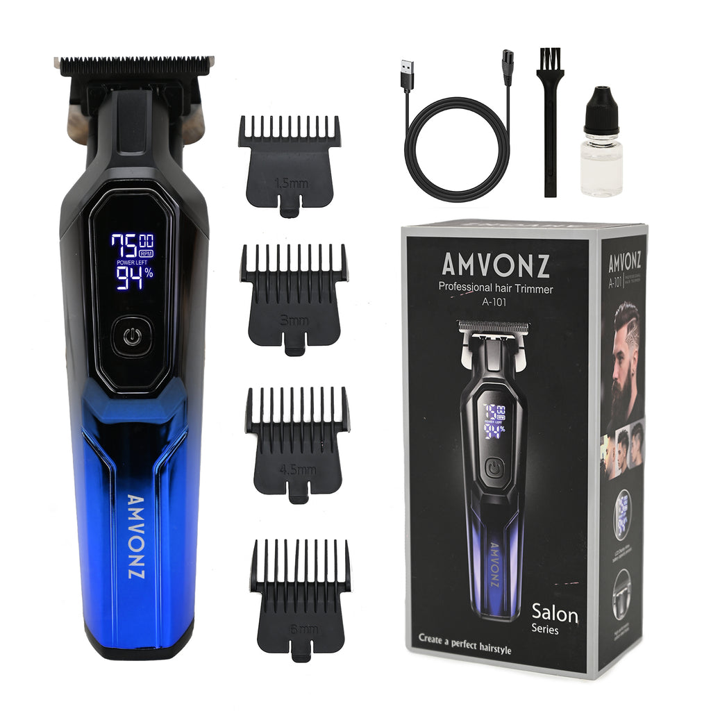 AMVONZ A-101 Professional Hair Trimmer, LED Display, 150 Minutes Runtime, USB Charging, 4 Guide Combs, (Blue)