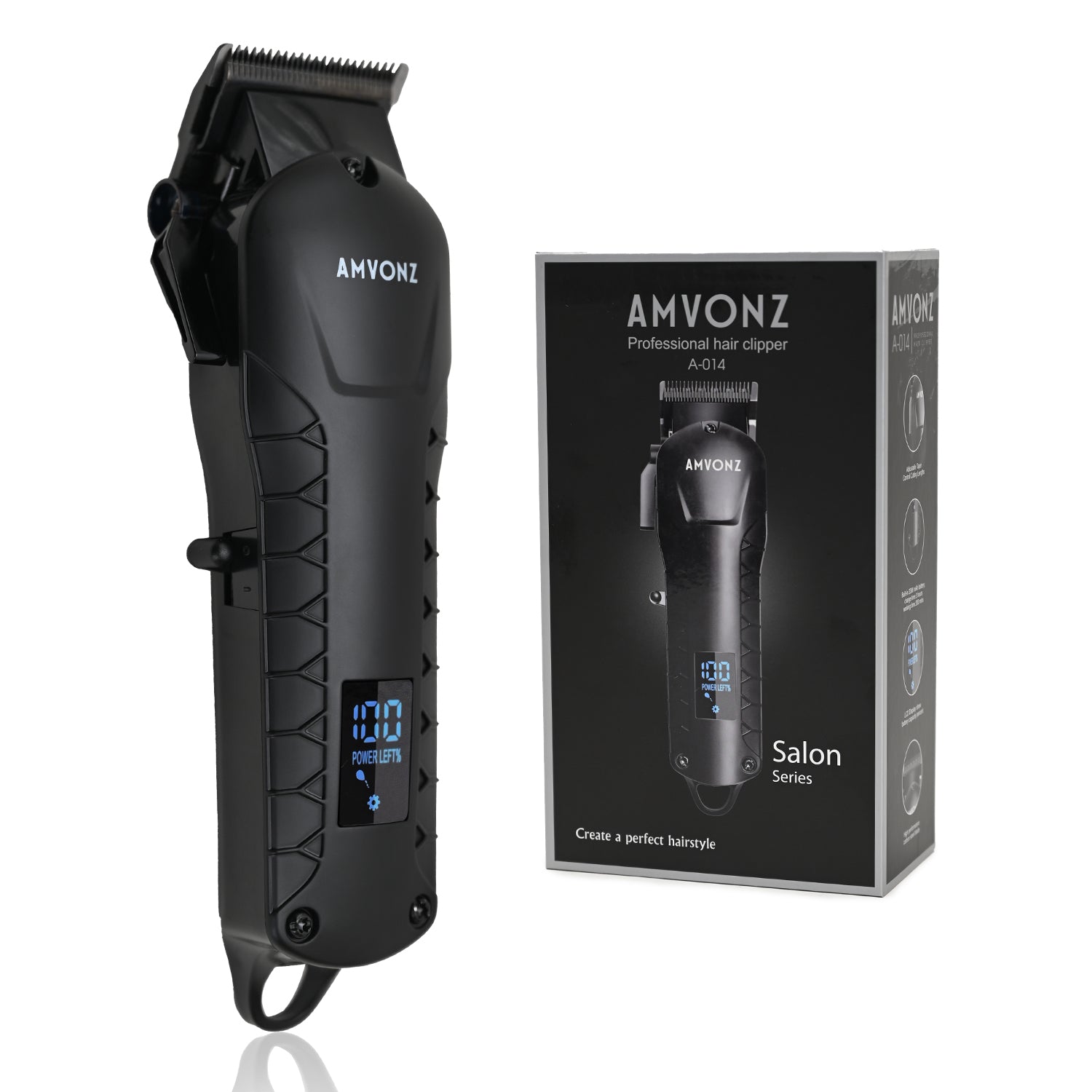 AMVONZ Professional Hair Clipper A-014, with LED Display, 200 Minutes Runtime, 2000mAh Lithium Battery, Type C USB Charging, Carbon Steel Blade, 4 Guide Combs