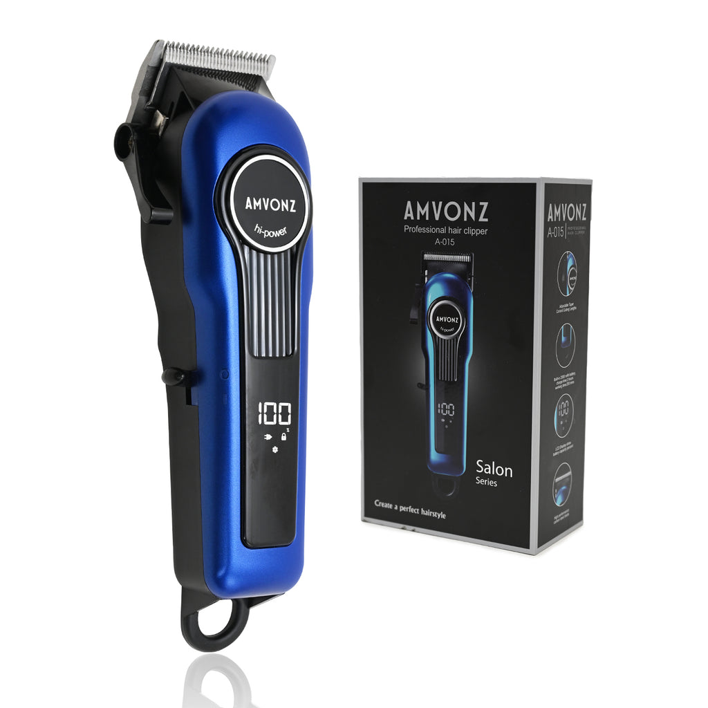 AMVONZ A-015 Professional Hair Clipper, Cordless, Blue, 200 Minutes Runtime, 2000mAh Lithium Battery, USB Charging, Taper Lever 0.8-2.0mm, 5 Guide Combs, Salon Series