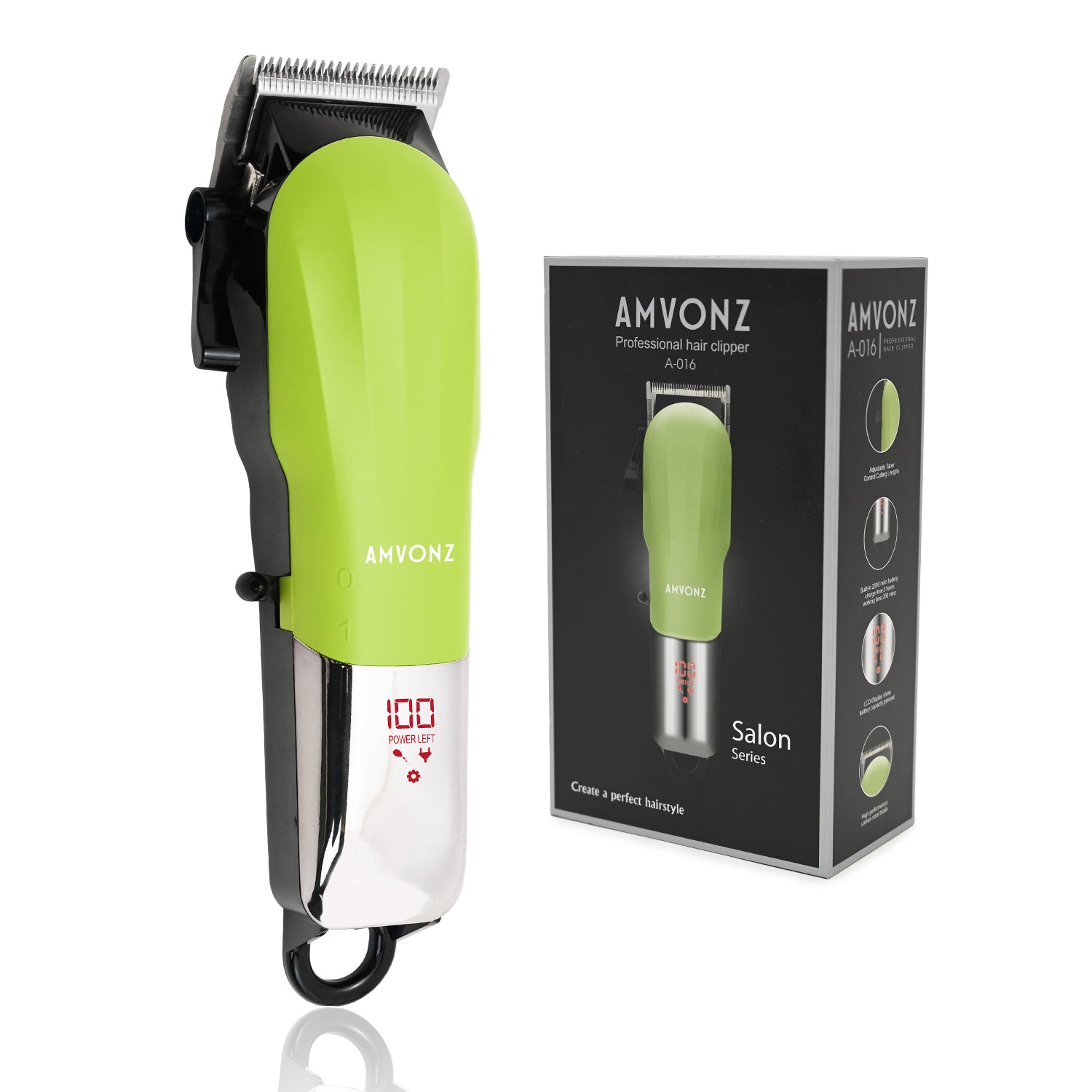 AMVONZ A-016 Professional Hair Clipper, Cordless, 200 Minutes Runtime, 2000mAh Battery, USB Charging, Taper Lever 0.8-2.0mm, 5 Guide Combs
