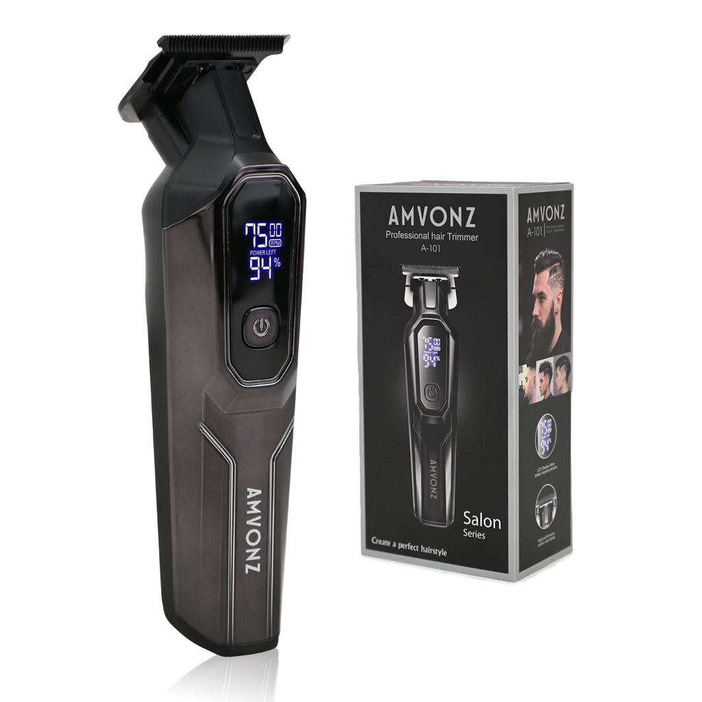 AMVONZ A-101 Professional Hair Trimmer, Digital Display, 150 Minutes Runtime, USB Charging, 4 Guide Combs, Salon Series (BLACK)