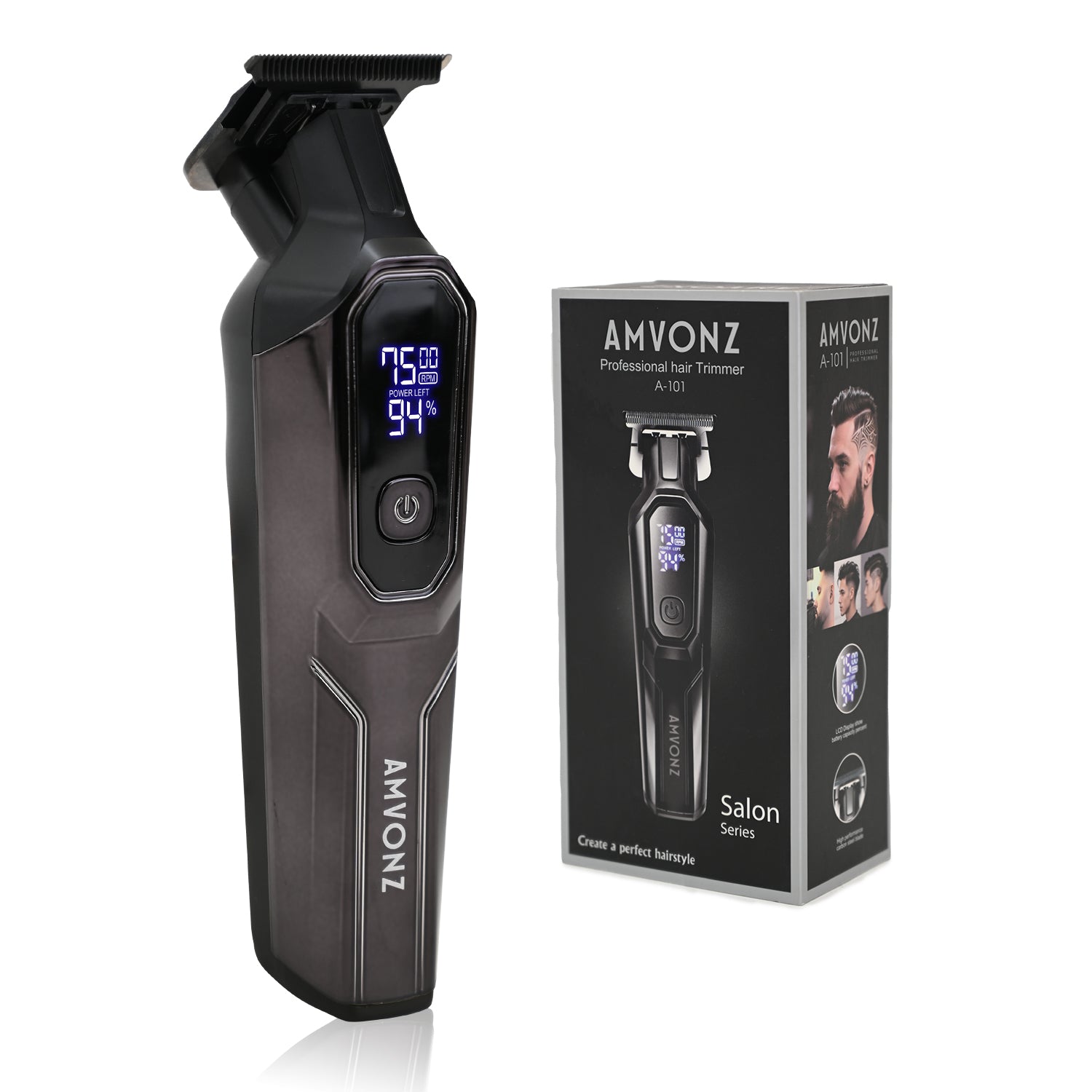 AMVONZ A-101 Professional Hair Trimmer, Digital Display, 150 Minutes Runtime, USB Charging, 4 Guide Combs, Salon Series (BLACK)