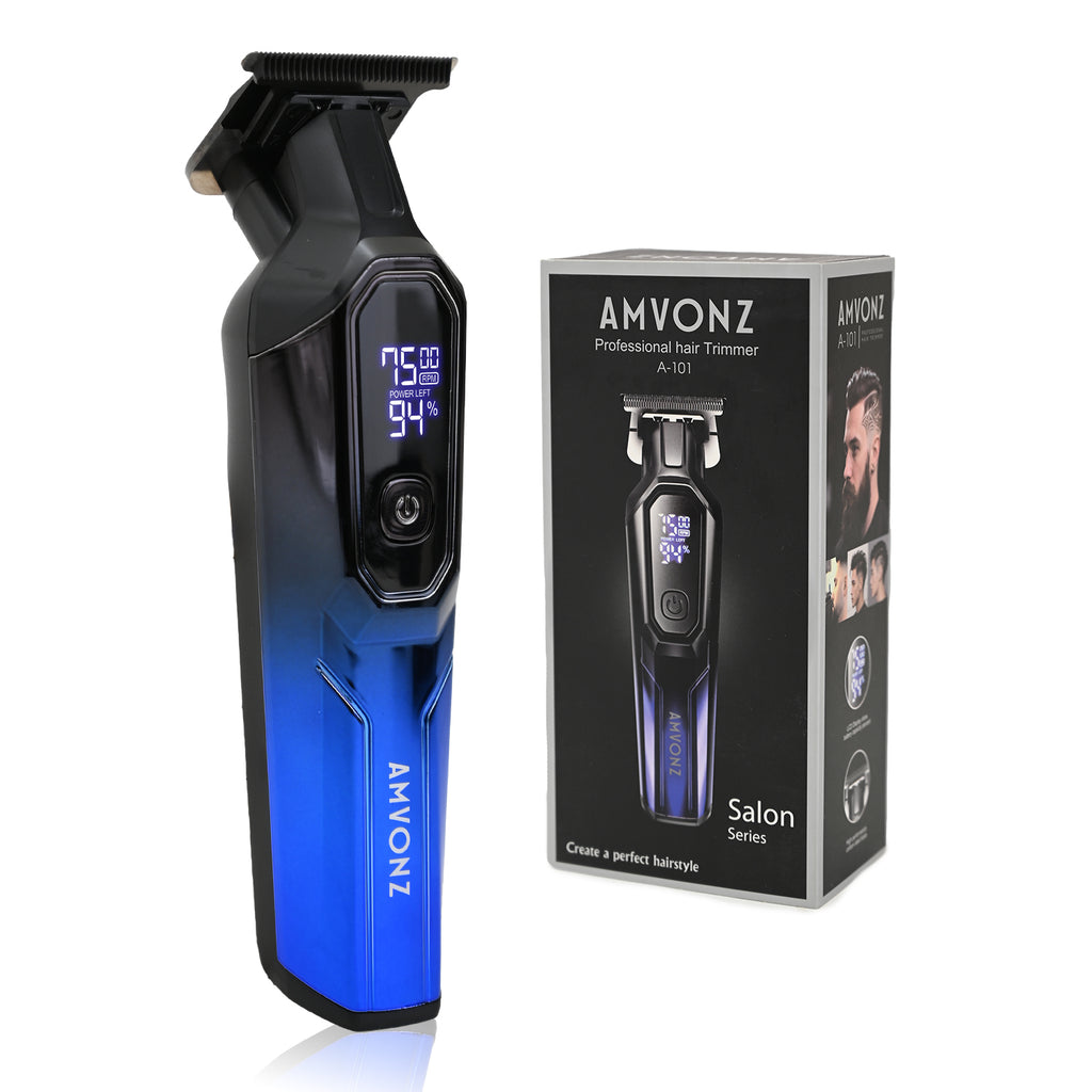 AMVONZ A-101 Professional Hair Trimmer, LED Display, 150 Minutes Runtime, USB Charging, 4 Guide Combs, (Blue)