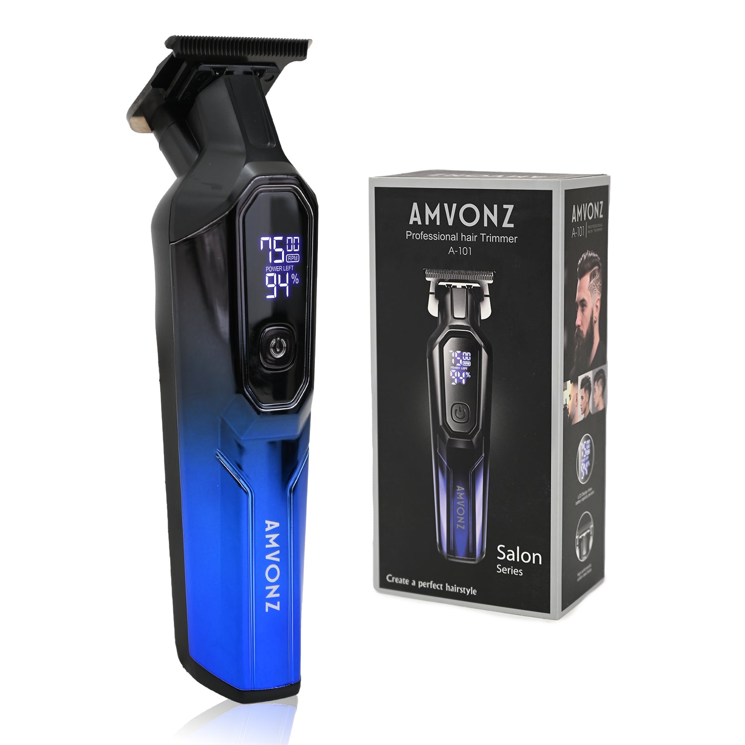 AMVONZ A-101 Professional Hair Trimmer, LED Display, 150 Minutes Runtime, USB Charging, 4 Guide Combs, (Blue)