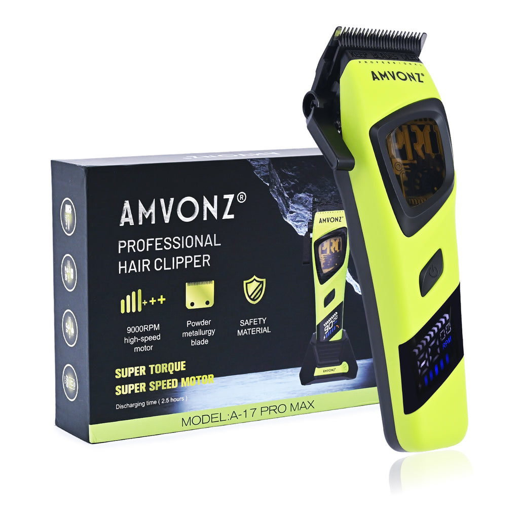 AMVONZ A-17 Pro Max Professional Hair Clipper, 9000 RPM Motor, 2500mAh Lithium Battery, 2.5 Hours Runtime, Type-C Fast Charging, LED Display, Charging Stand, Adjustable Taper Lever, 6 Guide Combs