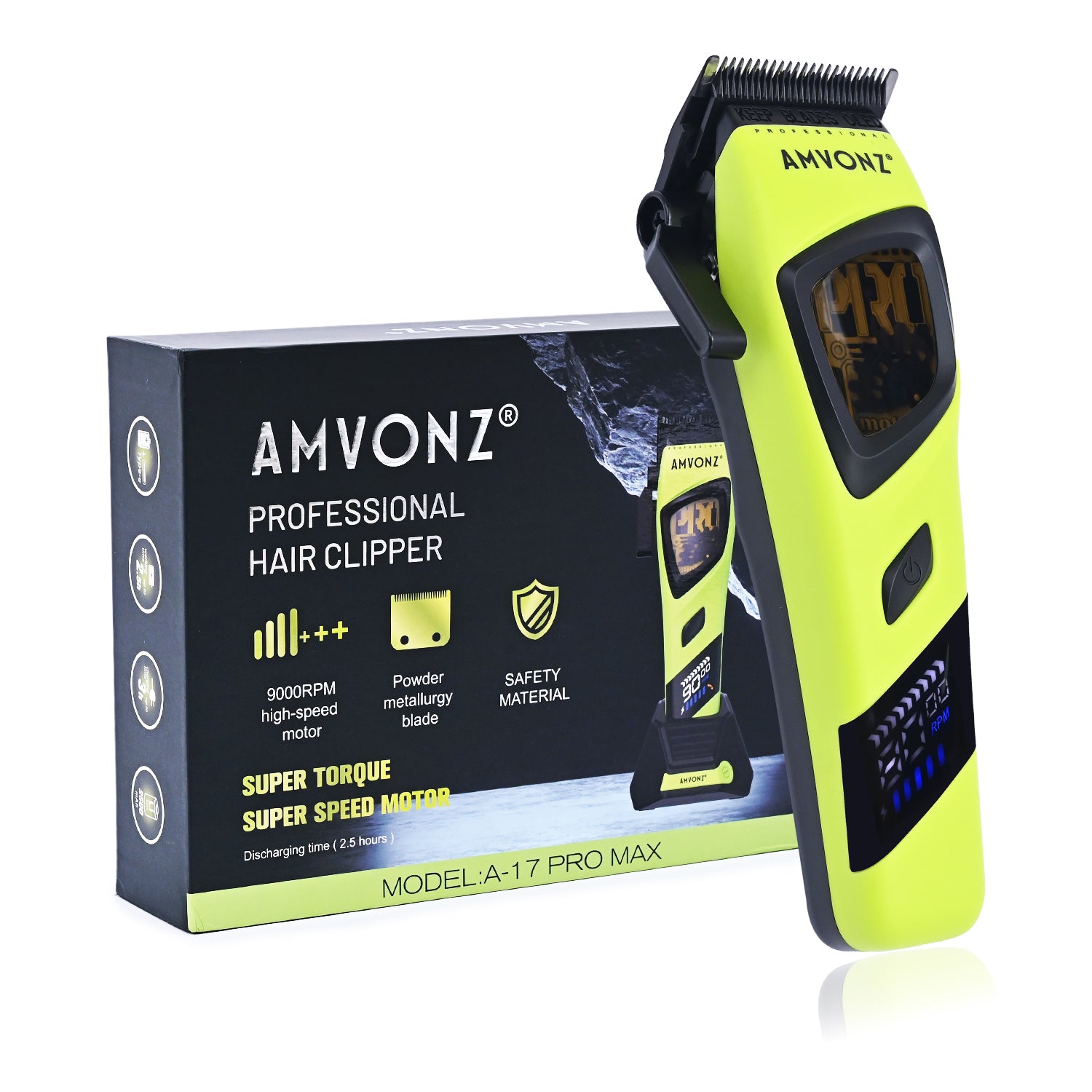 AMVONZ A-17 Pro Max Professional Hair Clipper, 9000 RPM Motor, 2500mAh Lithium Battery, 2.5 Hours Runtime, Type-C Fast Charging, LED Display, Charging Stand, Adjustable Taper Lever, 6 Guide Combs