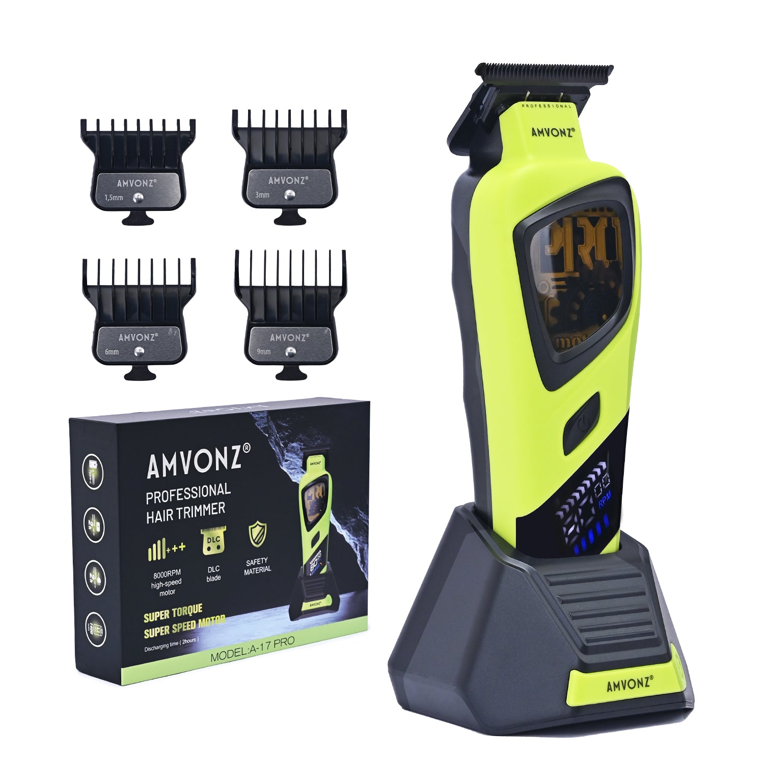 AMVONZ A-17 Pro Professional Hair Trimmer for Men, 8000 RPM Motor, 1400mAh Lithium Battery, 2 Hours Runtime, Cord & Cordless, Type-C Fast Charging, LED Display, Charging Stand, DLC Blade, 4 Guide Combs