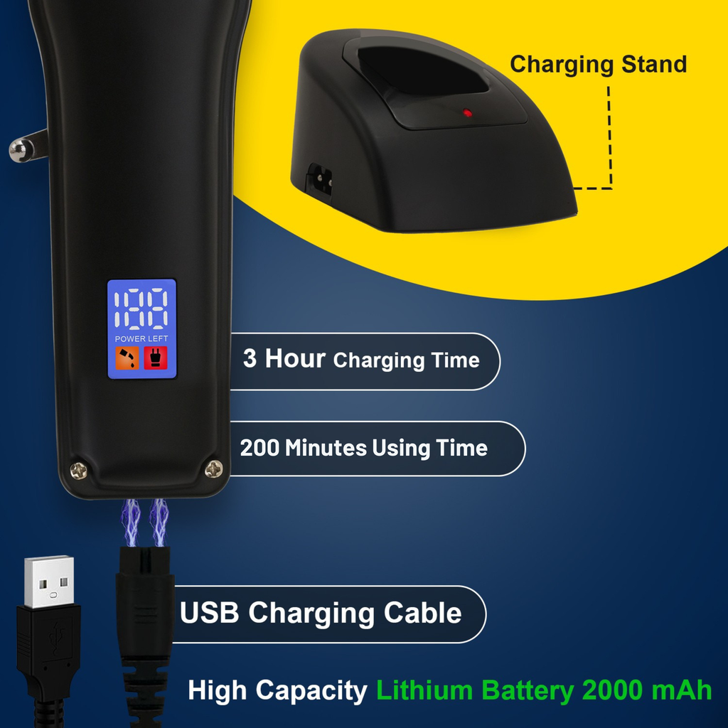 AMVONZ A-013 Professional Hair Clipper with LED Display, Cordless, Black, 200 Minutes Runtime, 2000mAh Lithium Battery, USB Charging, Taper Lever 0.8-2.0mm, 5 Guide Combs, Salon Series