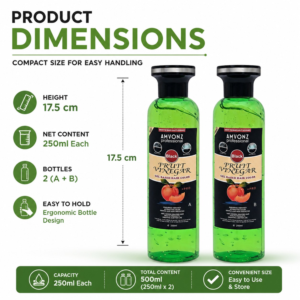 AMVONZ Professional Fruit Vinegar Gel Based Hair Colour, Black, 100% Grey Hair Coverage, 250ml x 2, Unisex